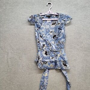 INC Women Top 10P Blue Paisley Silk Faux Wrap Short Sleeve Pullover